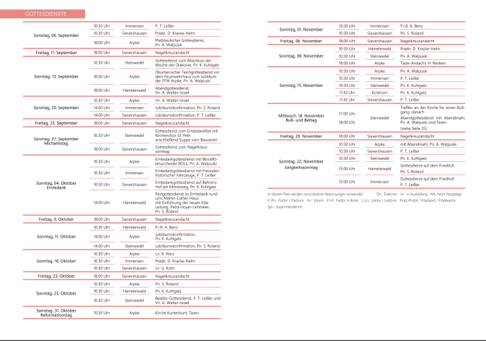 Gottesdienstplan September bis November 2026